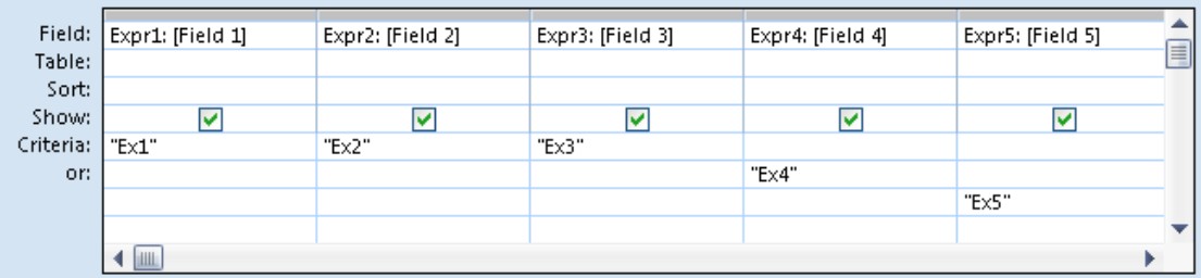 The QBE pane with And/Or criteria between fields using the Criteria: and or: rows